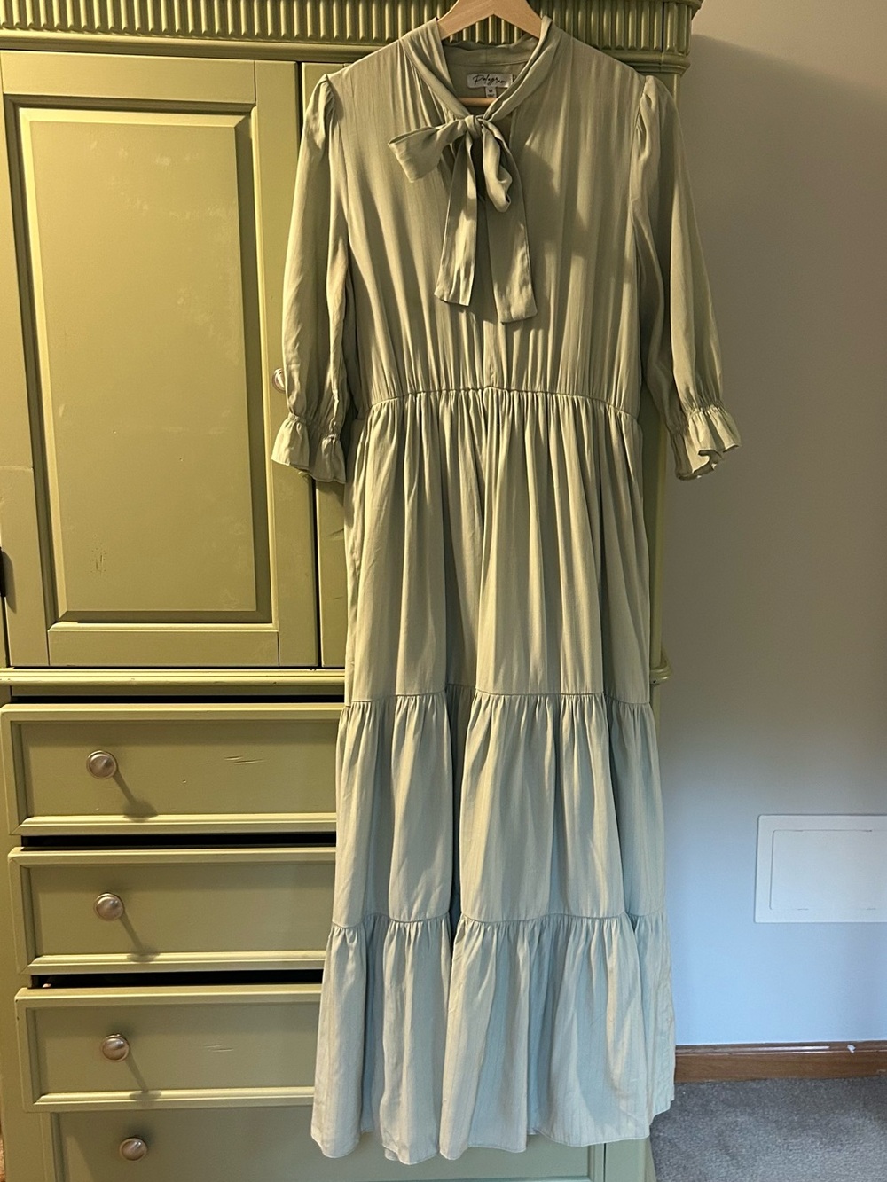 Cottagecore modest Feminine Sage Tie-Neck Tiered Maxi Dress